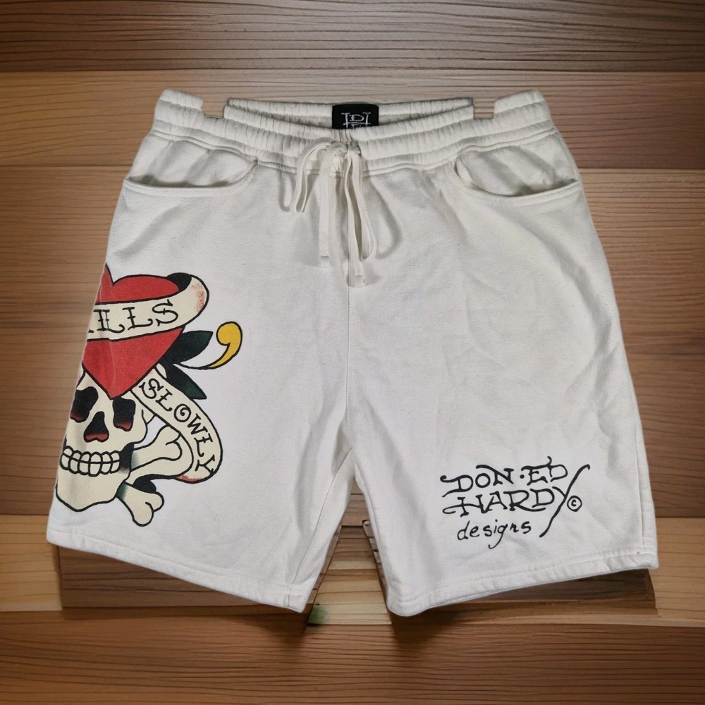 Ed Hardy Mens M Skull Heart Graphic Sweat Shorts Tattoo Y2K Style White